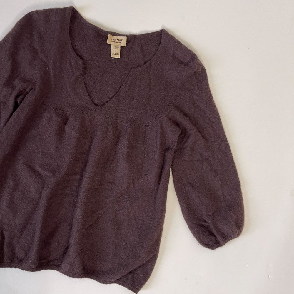 Ella Moss Pure Cashmere Split Neck 3/4 Sleeve Top in Dark Chocolate Brown Size M
